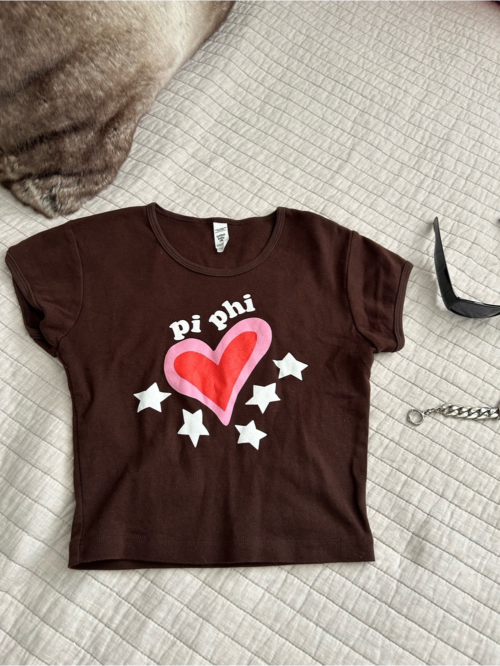 Los Angeles apparel brown rib cotton pi phi heart graphic, baby Tee cropped